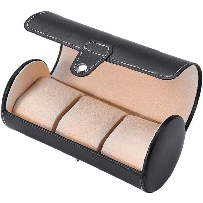 Zylindrischer Uhrenständer mit 3 Fächern, Präsentationsfläche für Armbanduhren, Schmuck- und Geschenkaufbewahrungsbox – Schwarz