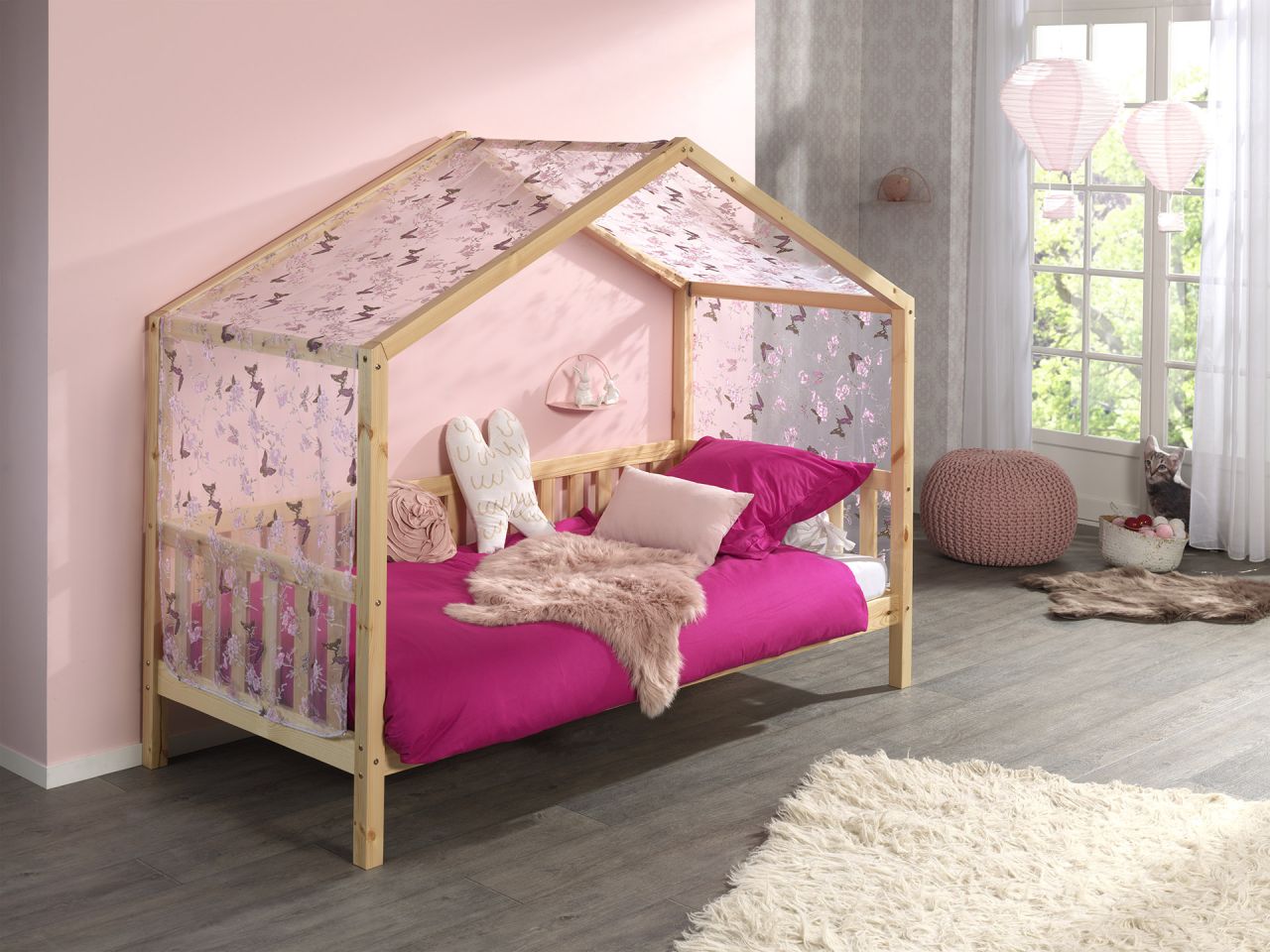 Vipack: Hausbett + Textilhimmel - Spielbett Kinderbett Jugendbett - Kiefer Natur