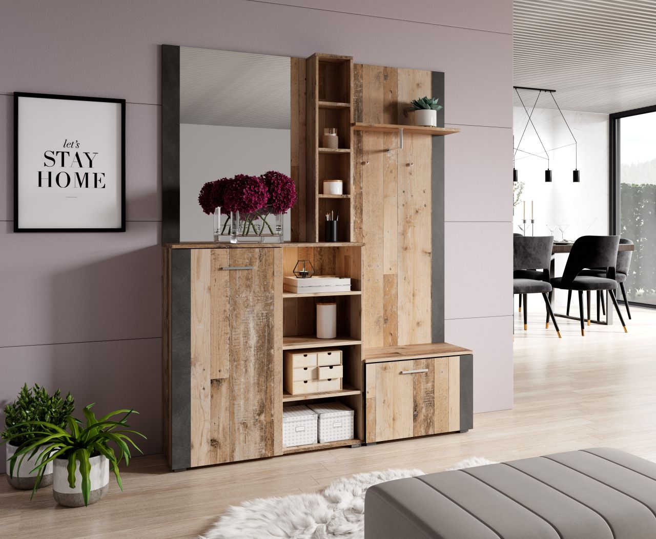 Garderobe Garderobenmöbel Flurgarderobe Dielenset Wohnmöbell Old Style Anthrazit