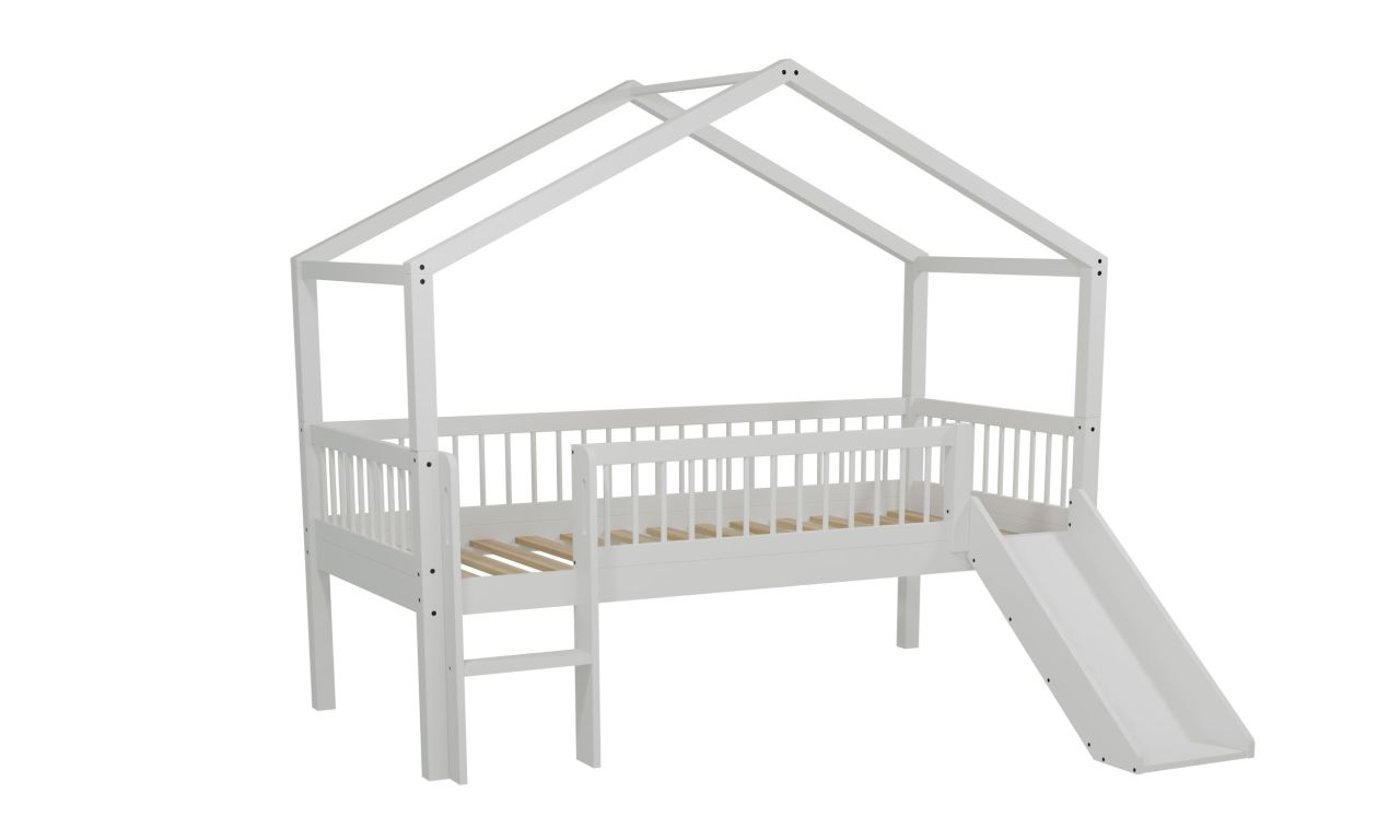Halbhohes Hausbett Leiter Rutsche Lattenrost 90x200 Spielbett Buche massiv weiß