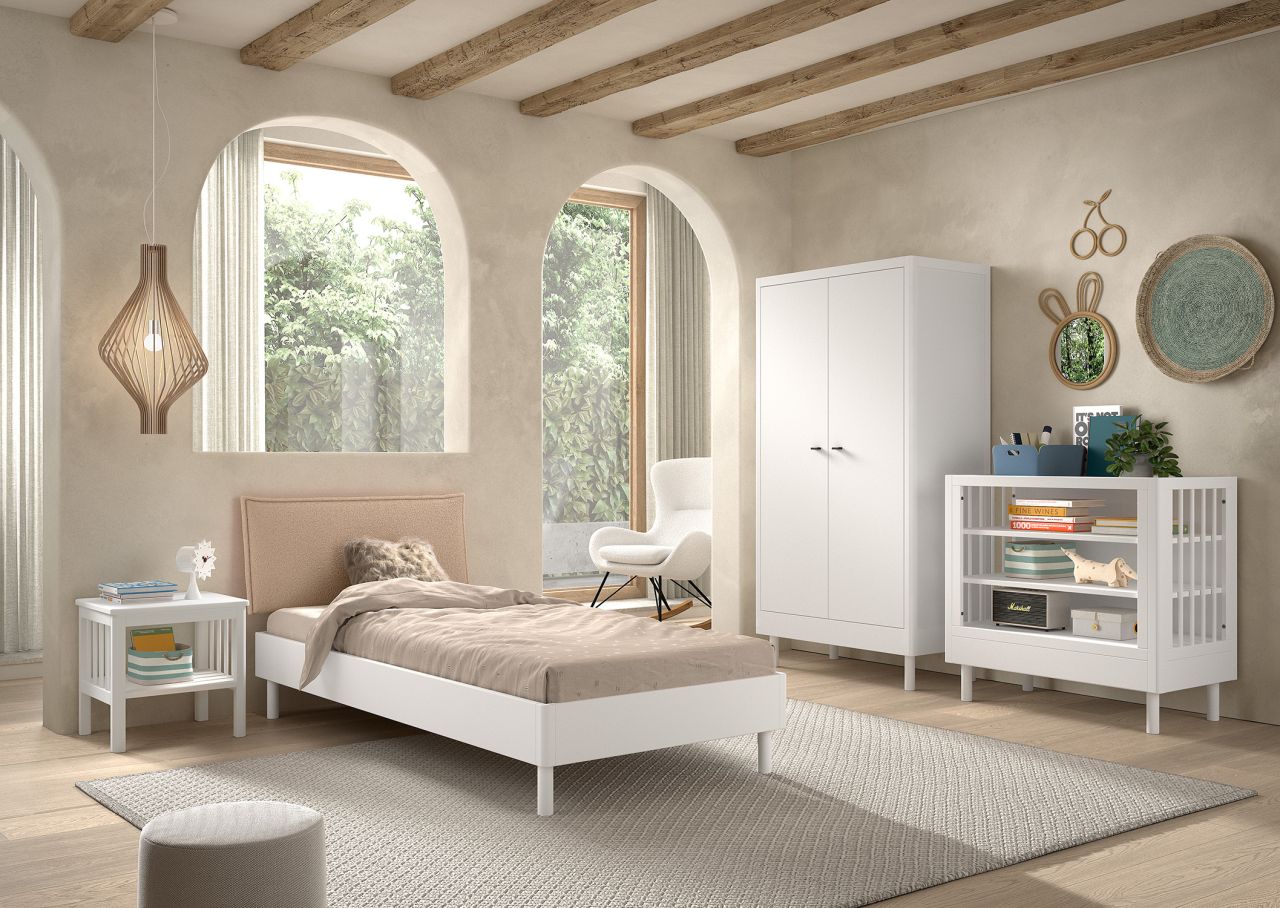 Set Einzelbett Schrank Nachtkonsole Beistellregal Lattenrost Buche massiv Weiß