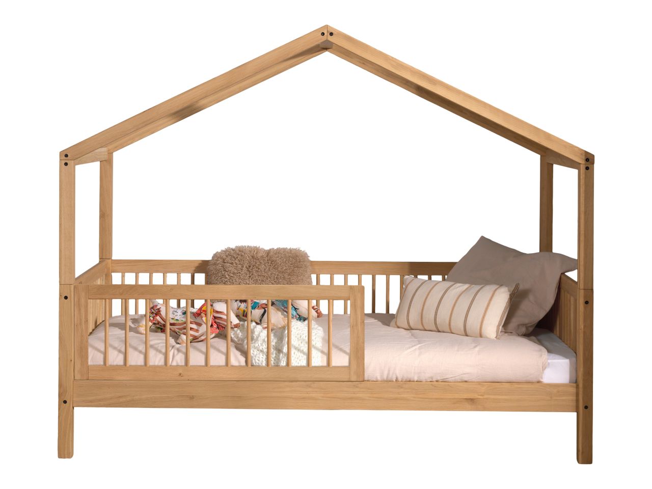 Hausbett Kinderbett 90x200 Rausfallschutz Lattenrost Spielbett Eiche massiv