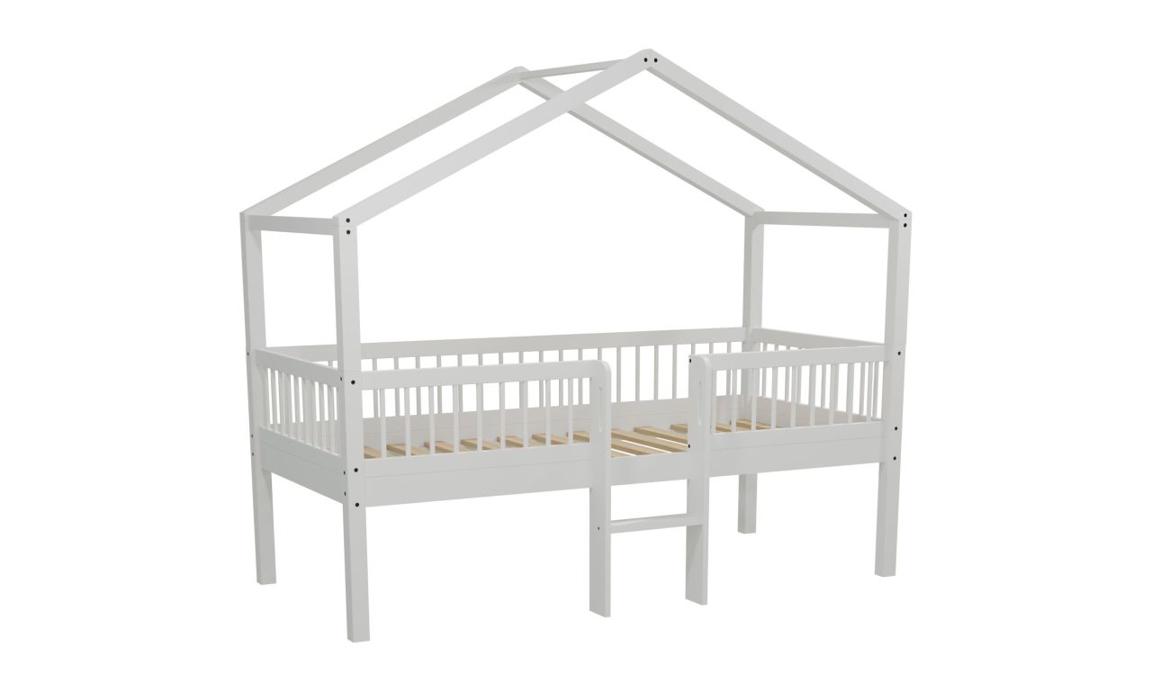 Halbhohes Hausbett Leiter Lattenrost 90x200 Spielbett Buche massiv weiß