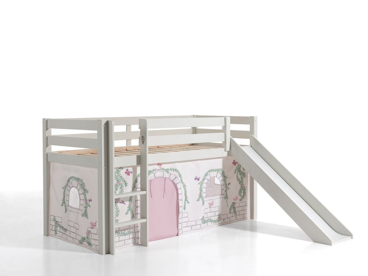 Vipack: 'PINO' Spielbett mit Rutsche 90 x 200 und Vorhang 'Birdy' - Massiv Weiß