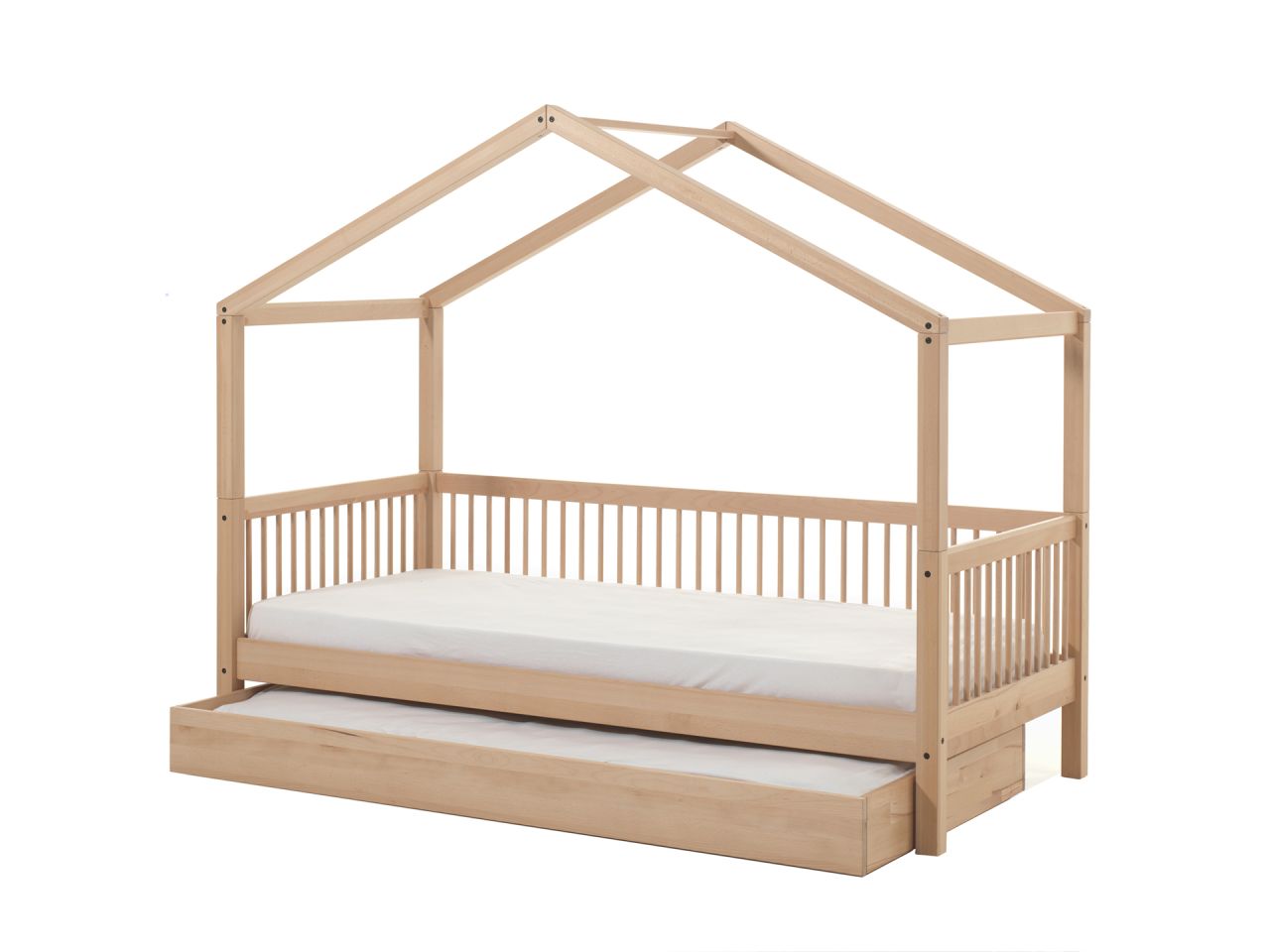 Hausbett 90x200 mit Bettschublade Kindermöbel Lattenrost Spielbett Buche natur