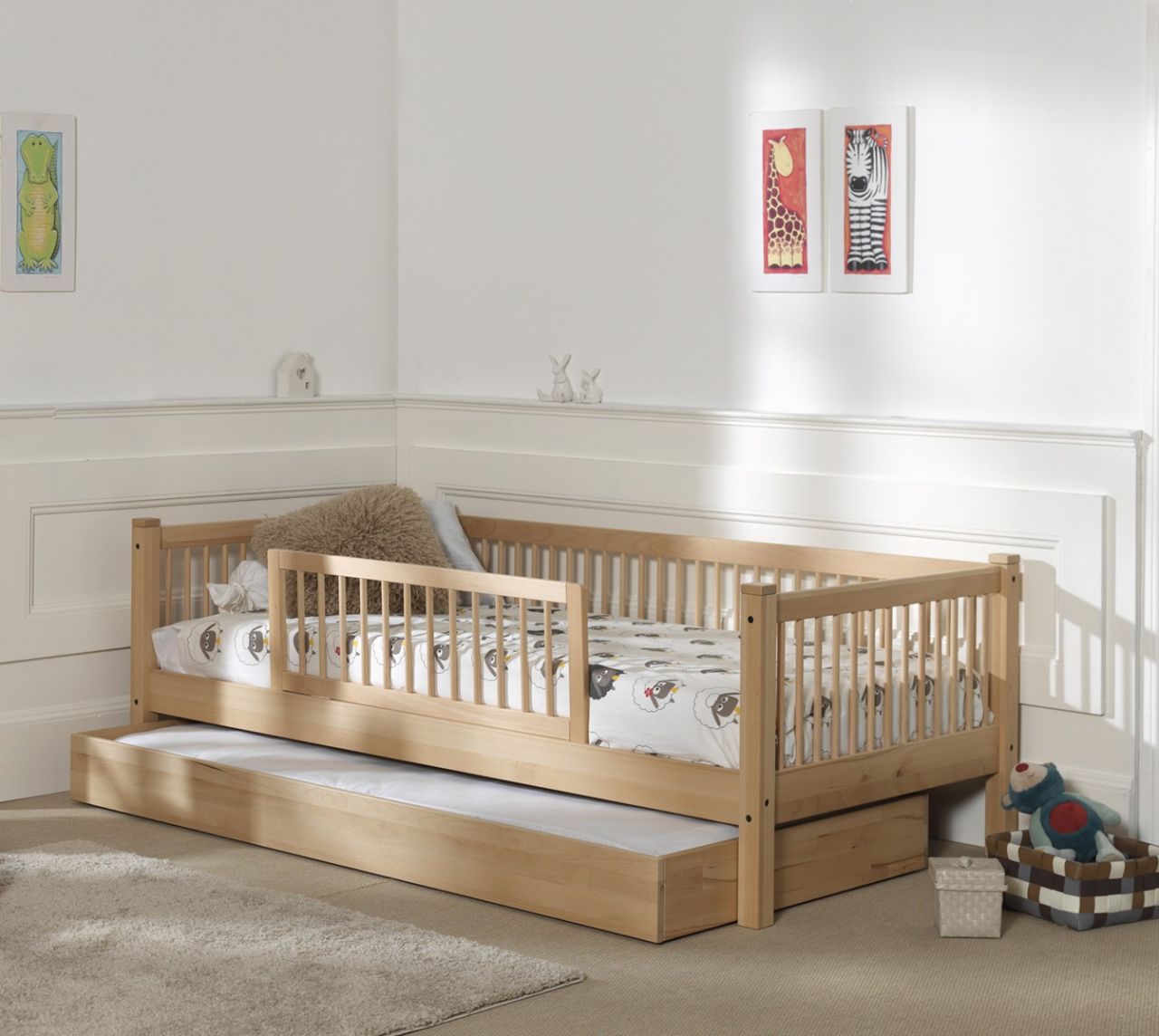 Kojenbett 90x200 Bettschublade Rausfallschutz Lattenrost Jugendbett Buche Natur