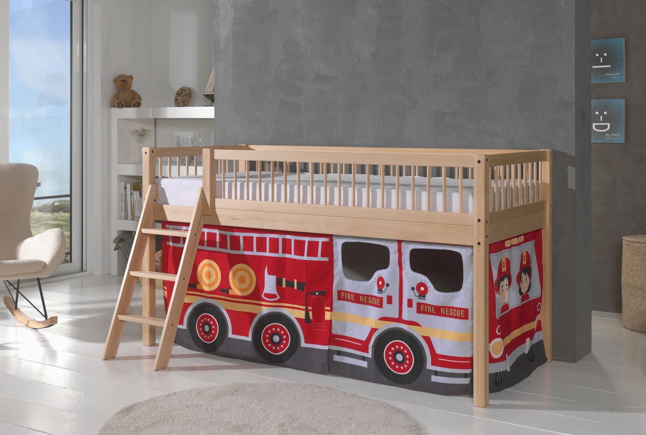 Halbhohes Spielbett Kinderbett 90x200 Vorhangset Feuerwehr Buche massiv Natur