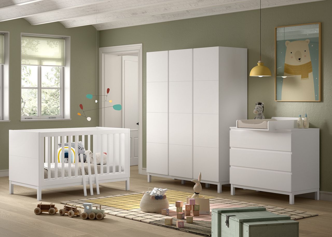 Set Kinderbett Juniorbett 70x140 Wickelkommode Schrank 3T Baby-Kinderzimmer Weiß