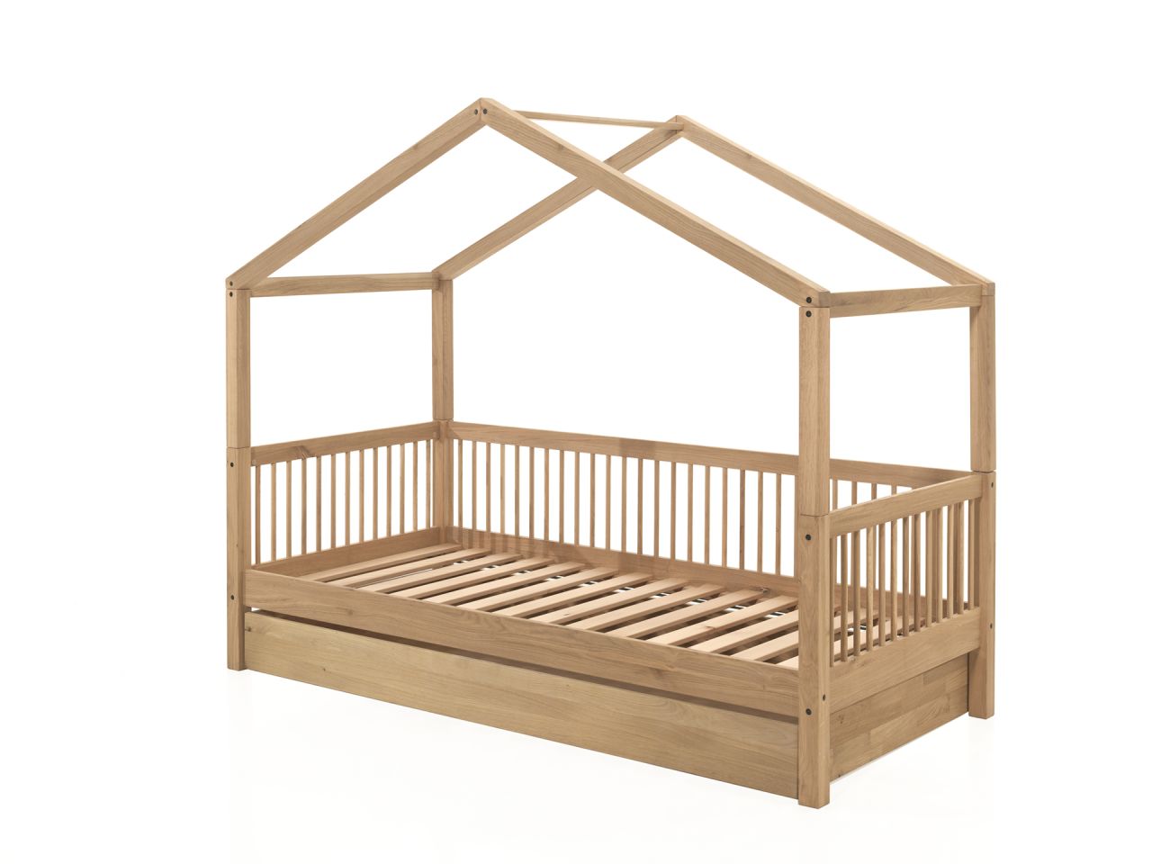 Hausbett 90x200 mit Bettschublade Kindermöbel Lattenrost Spielbett Eiche massiv