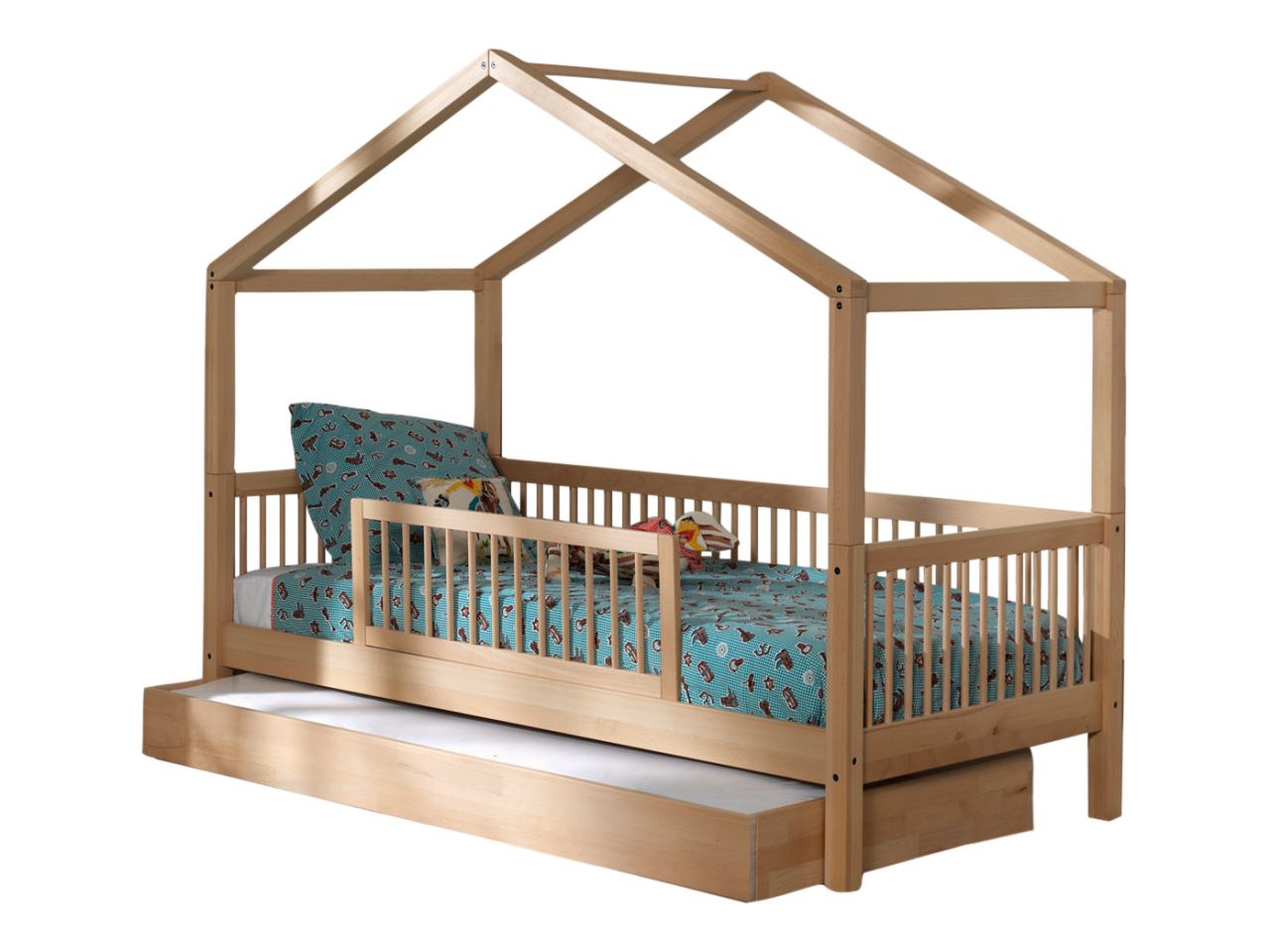 Hausbett Spielbett 90x200 Bettschublade Rausfallschutz Lattenrost Buche Natur