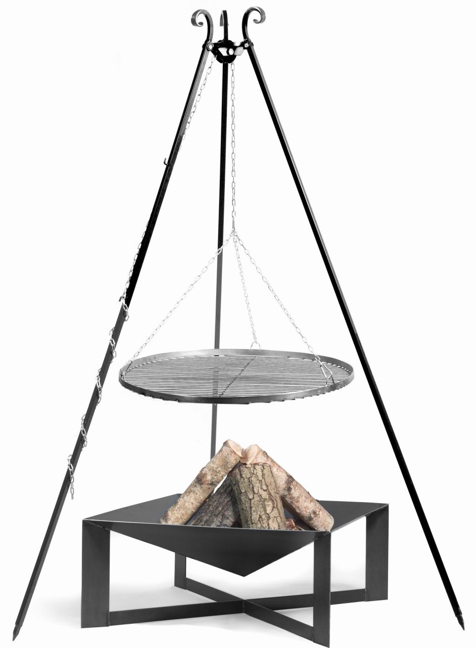 Set: Dreibein 180+ Feuerschale 70x70+ Edelstahlrost Ø 60- Schwenkgrill Grill-...