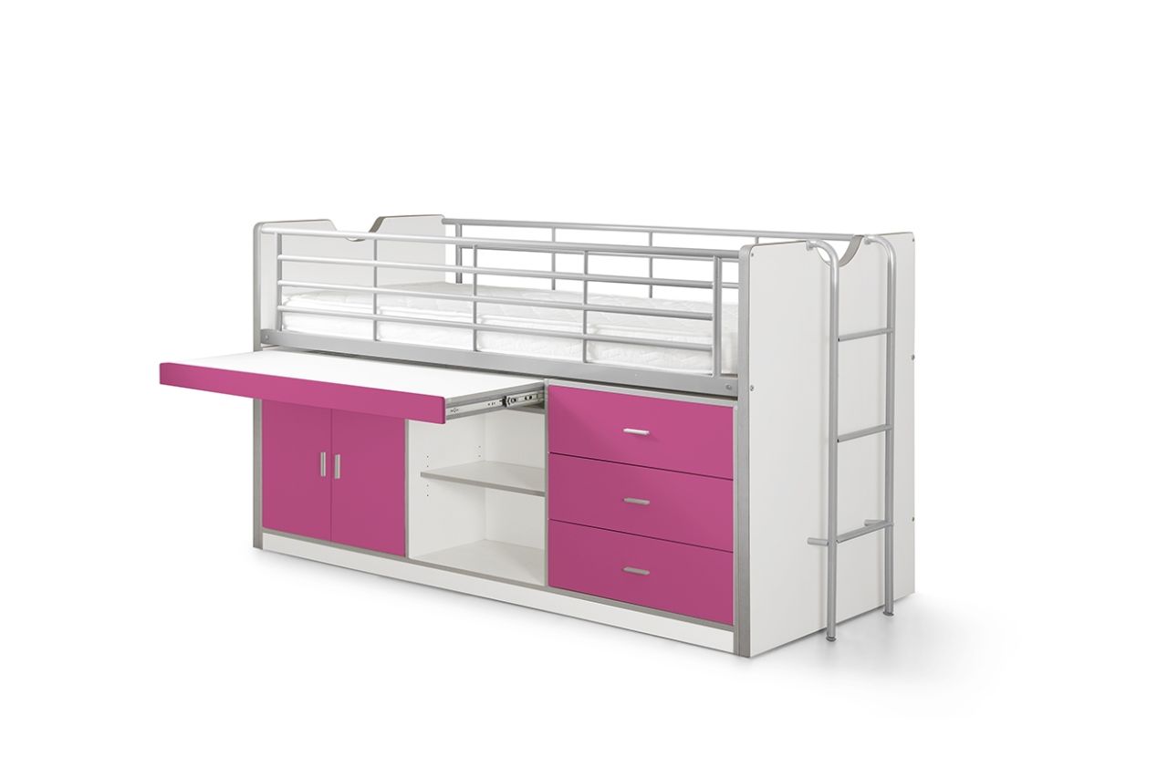 Vipack Hochbett BONNY 90 x 200 Weiß / Fuchsia mit Schreibtisch Halbhochbett
