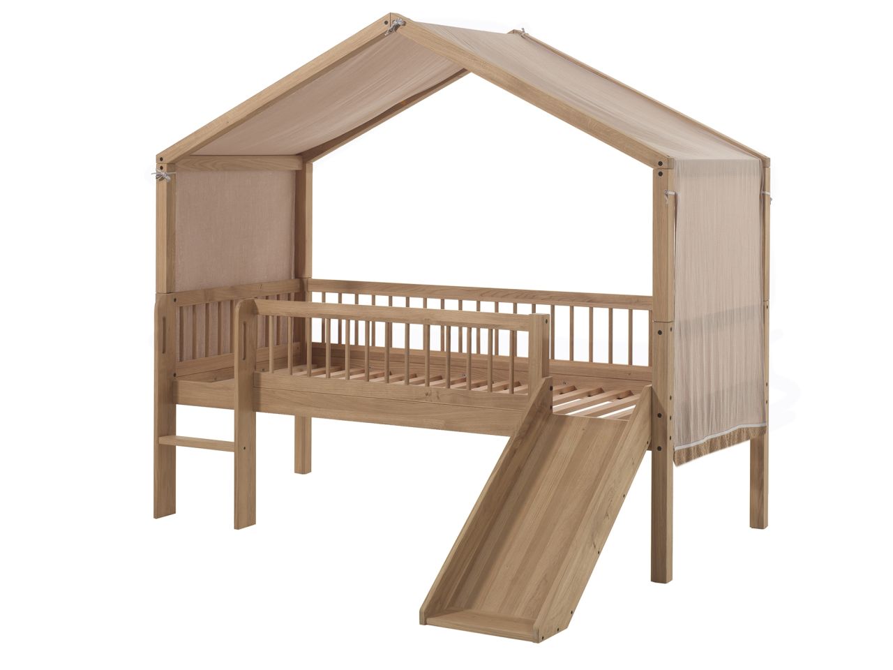 Halbhohes Hausbett Rutsche Lattenrost 90x200 Textilhimmel Spielbett Eiche massiv