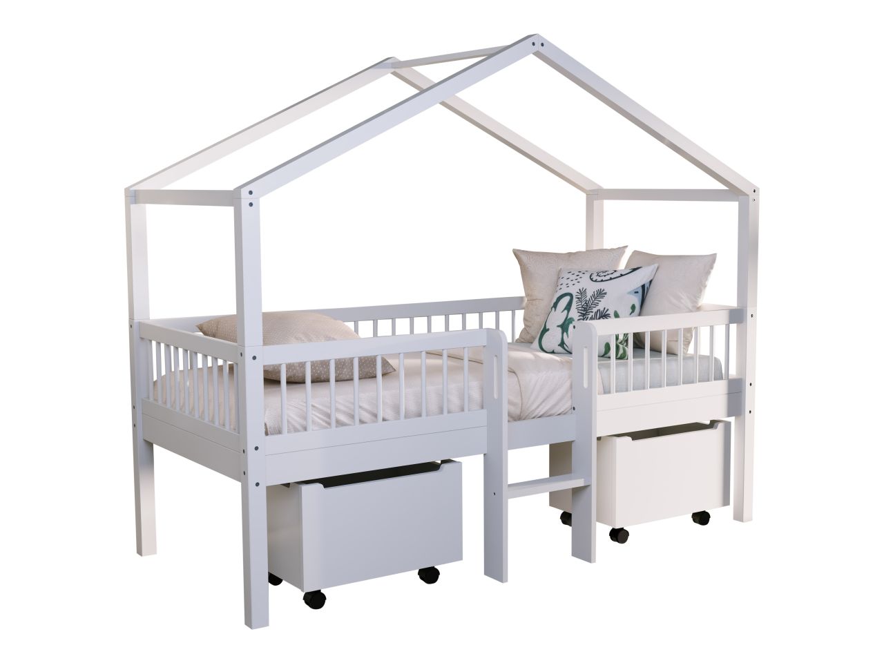 Halbhohes Hausbett Leiter Lattenrost 90x200 Boxen Spielbett Buche massiv weiß