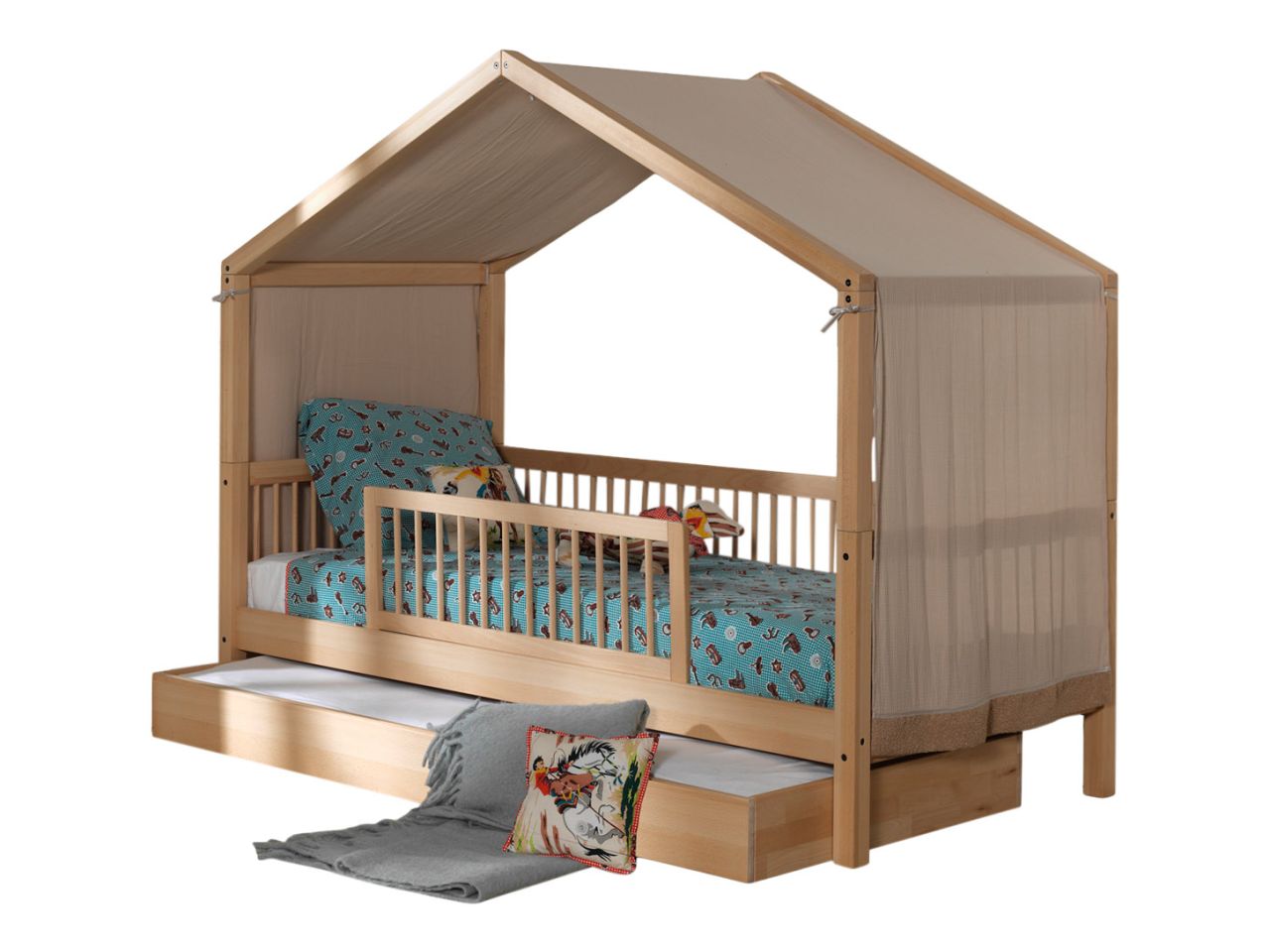 Hausbett 90x200 Bettschublade Textilhimmel Rausfallschutz Lattenrost Buche Natur
