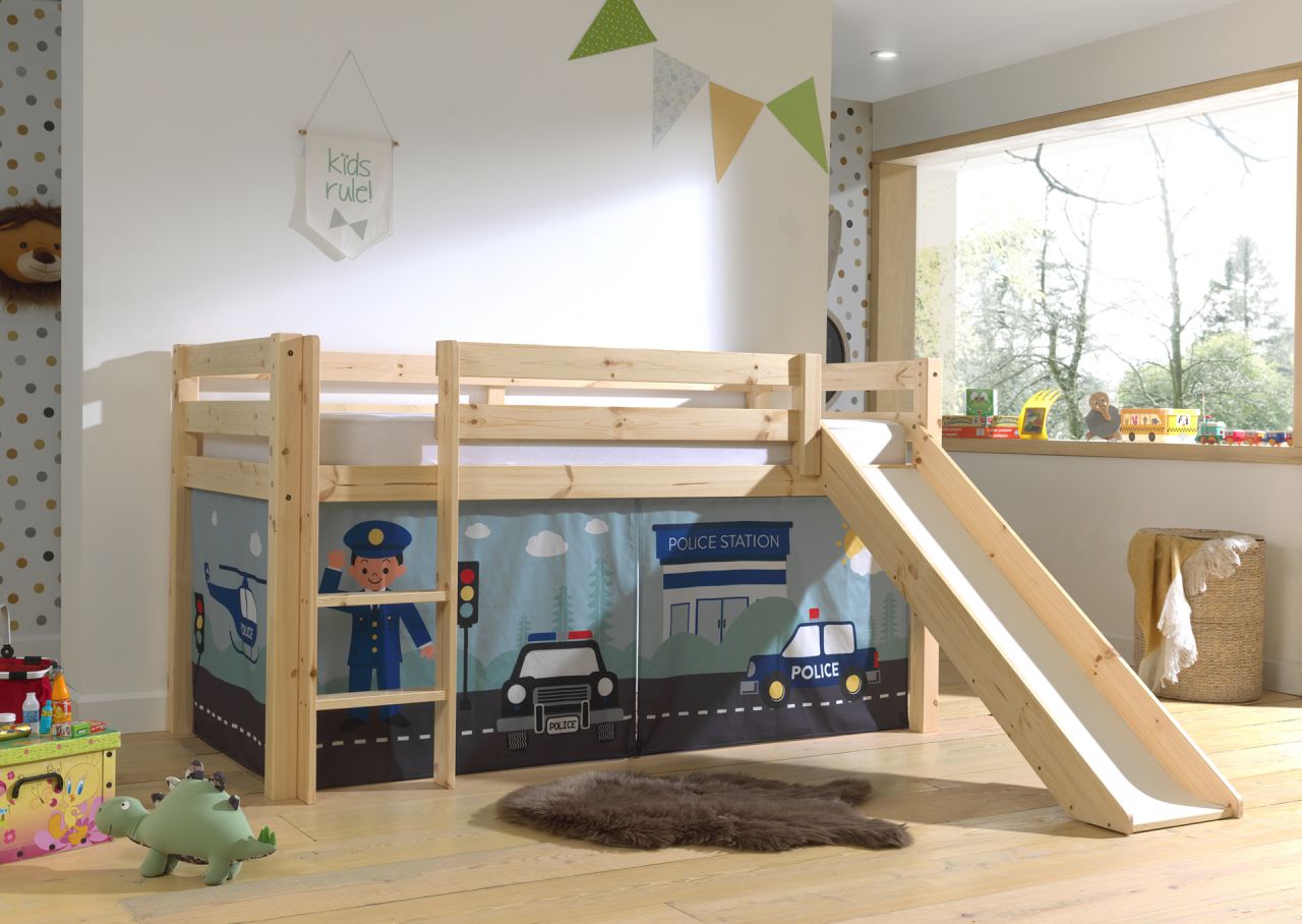 Vipack:'Pino' Halbhohes Bett mit Rutsche und Textilset 'Police'-Kiefer