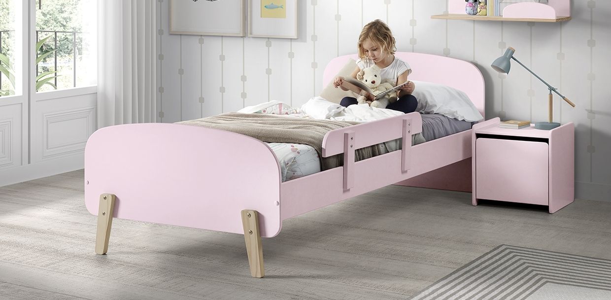 Set Kinderbett Lattenrost Nachtkonsole 90x200 Absturzschutz Kindermöbel rosa