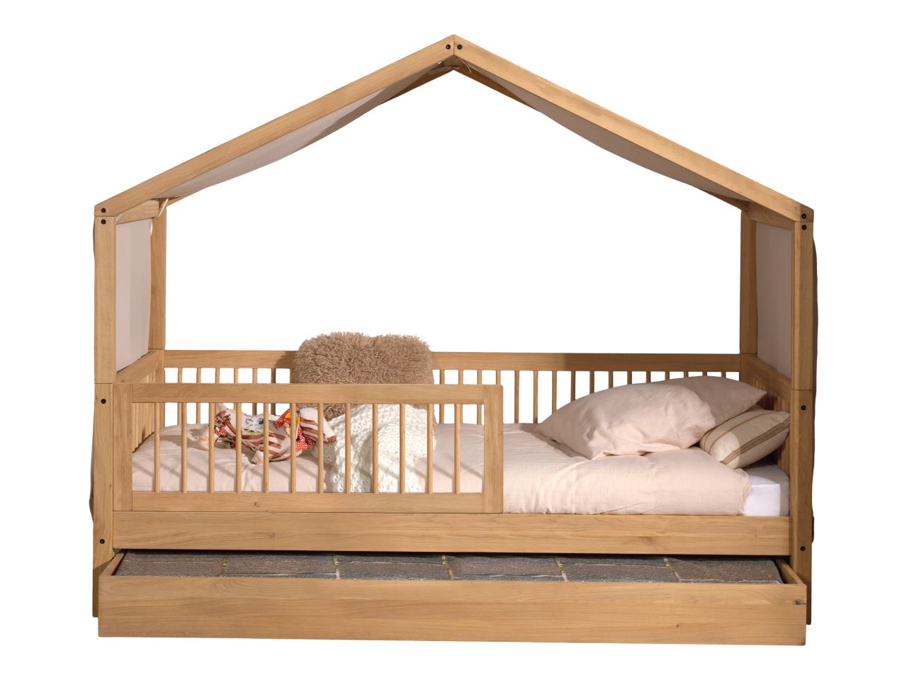 Hausbett 90x200 Bettschublade Textilhimmel Rausfallschutz Lattenrost Eiche geölt