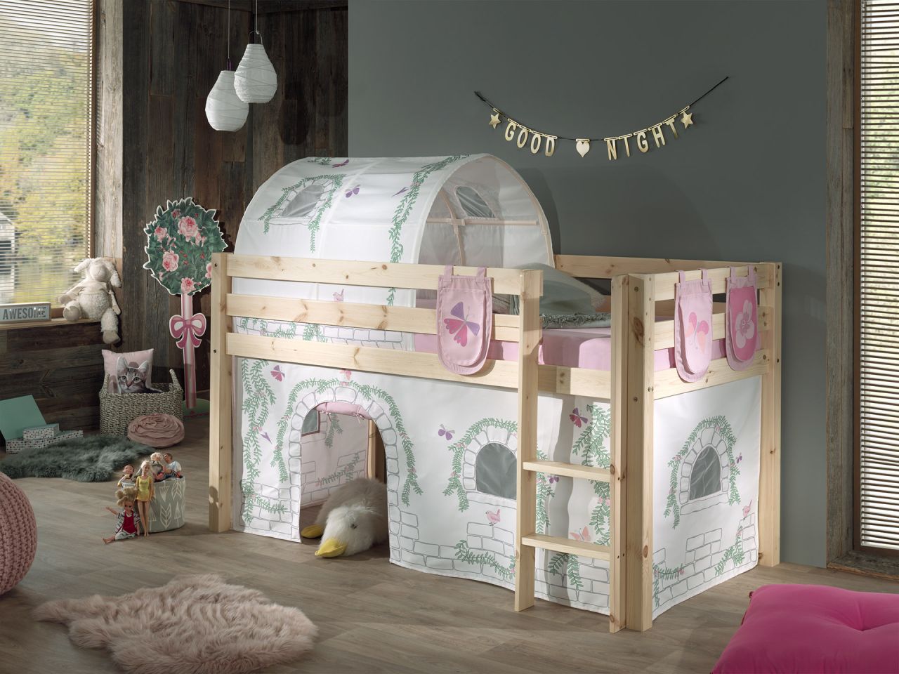 Vipack: 'PINO' Spielbett / Hochbett 90 x 200 mit Textilset 'Birdy' Massiv Natur