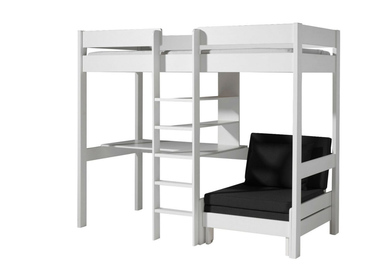 Hochbett 90x200 Schreibplatte Sesselbett Schreibtisch Spielbett Kinderbett Weiß