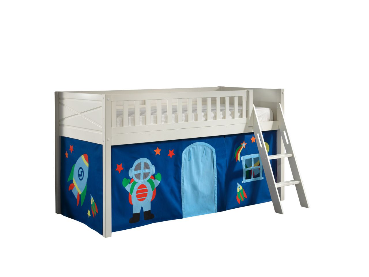 Set Spielbett Vorhang Lattenrost Hochbett Kinderbett 90x200 Weltall Astronauten
