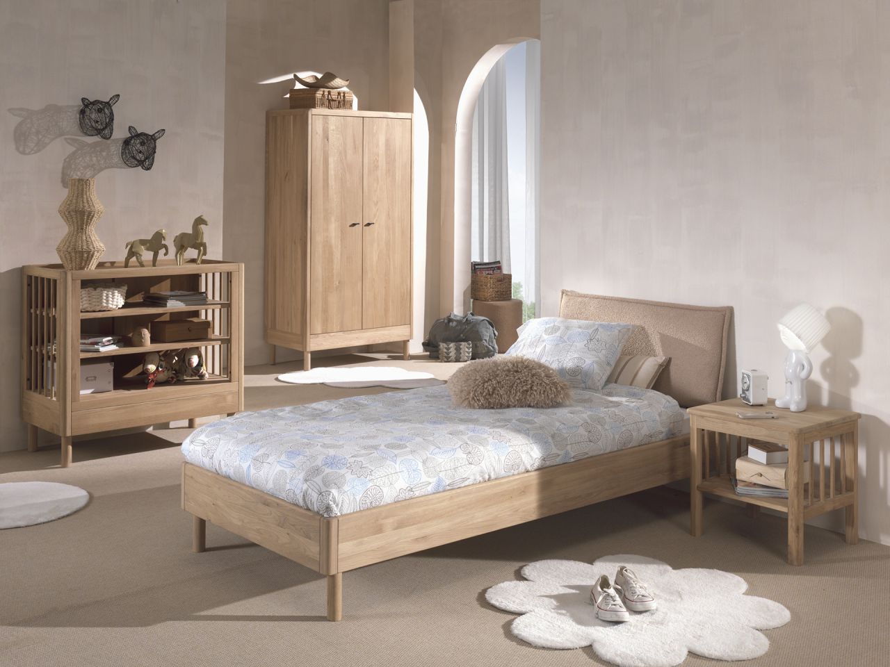 Set Futonbett Stoff Schrank 2T Nachtkonsole Beistellregal Lattenrost Eiche ma...