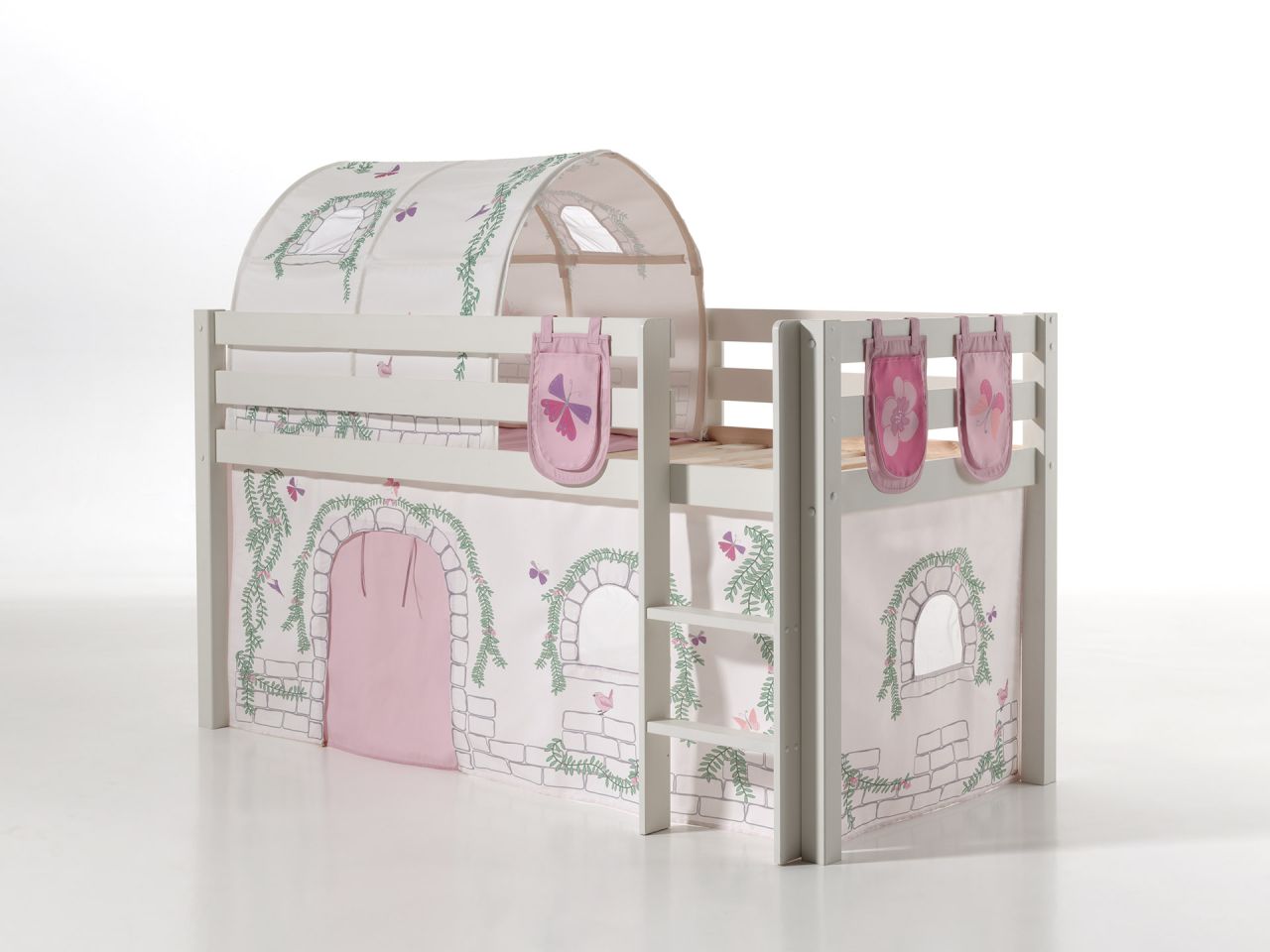 Vipack: 'PINO' Spielbett / Hochbett 90 x 200 mit Textilset 'Birdy' Massiv Weiß