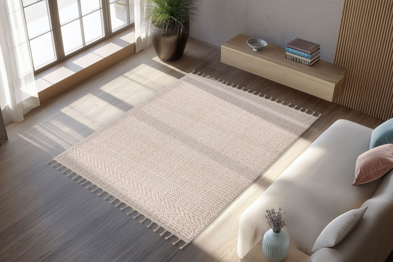 Teppich Höhe 9 mm Kurzflorteppich rechteckig Beige Wohnzimmer 4 Größen