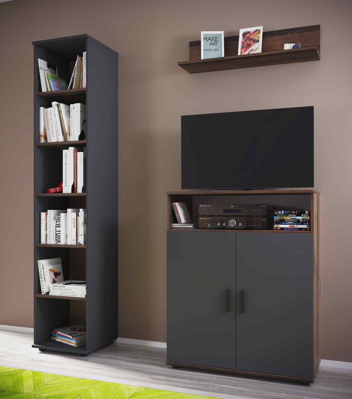 Set: Kommode Wandregal Standregal für Jugendzimmer / Büro - Old Style Anthrazit