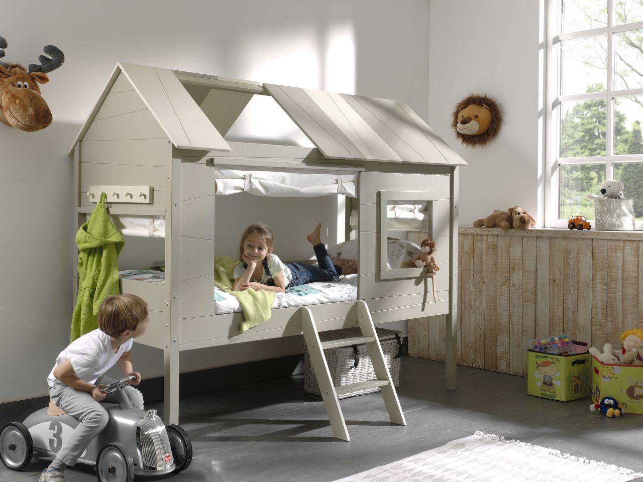 Set Baumhaus Bett Vorhang Hausbett 90x200 Kinderbett Kindermöbel Lattenrost Grau