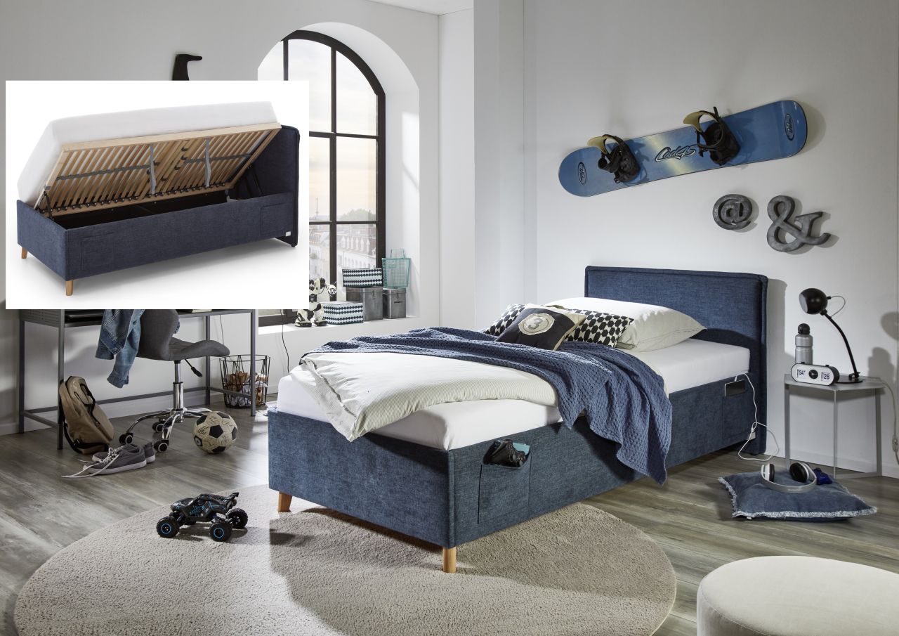Polsterbett mit Bettkasten Lattenrost 3 Größen Jugendbett USB-Anschluss Blau