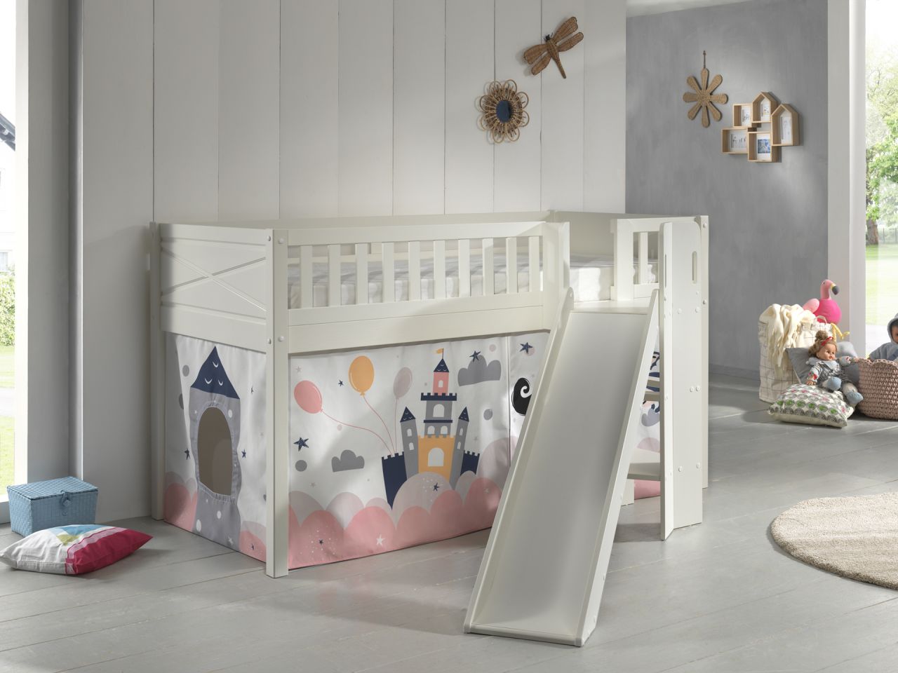 Set Spielbett Rutsche Vorhang Lattenrost Hochbett Kinder 90x200 Prinzessin rosa