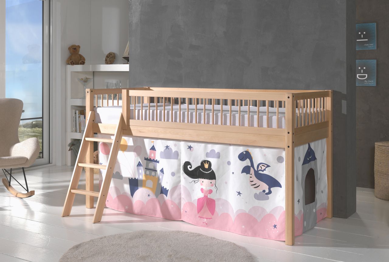 Halbhohes Spielbett Kinderbett 90x200 Vorhangset Prinzessin Buche massiv Natur