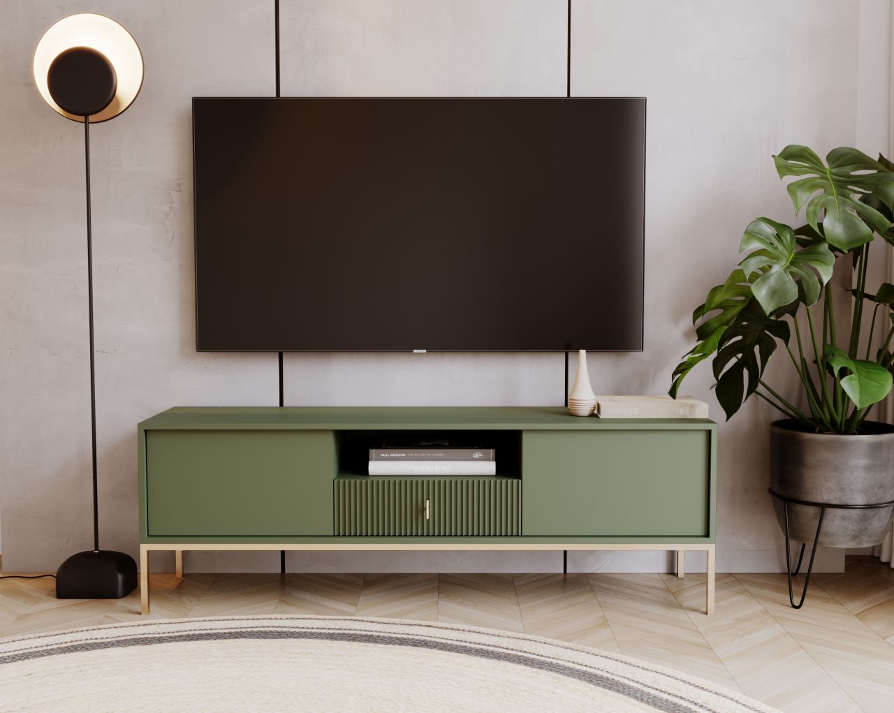 Lowboard 154 Fernsehkommode TV-Tisch TV-Kommode Sideboard Rauchgrün Gold