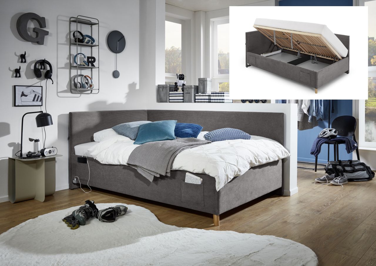 Polsterbett in 3 Größen Lattenrost Rückenteil Bettkasten USB Jugendbett Anthr...