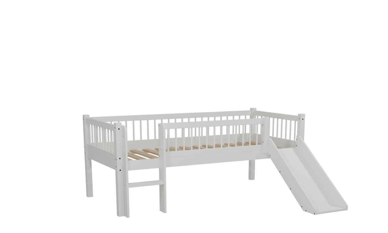 Junior-Spielbett Höhe 85 Leiter Rutsche Lattenrost 90x200 Buche massiv weiß