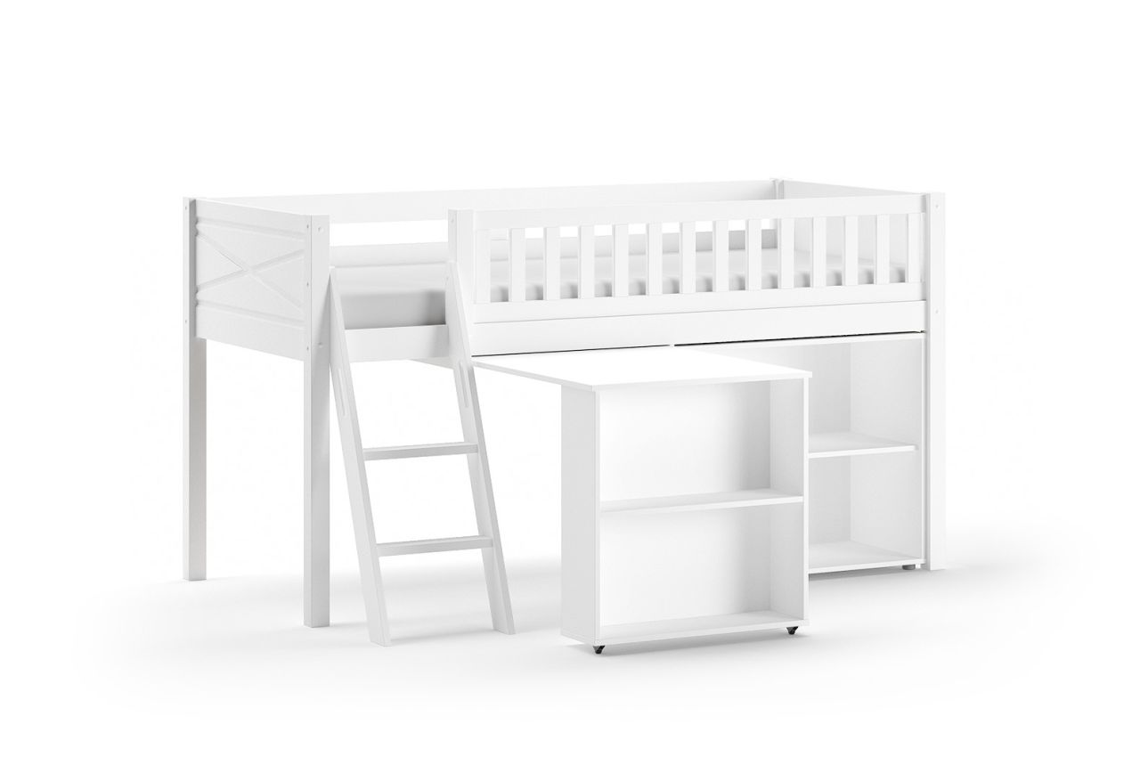 halbhohes Funktionsbett 90x200 Spielbett Jugendbett Schreibtisch Regal Massiv