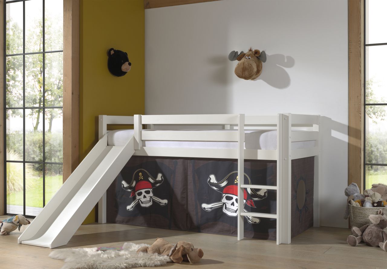 Vipack:'Pino' Halbhohes Bett mit Rutsche+Textilset 'Caribian Pirate'-Weiß