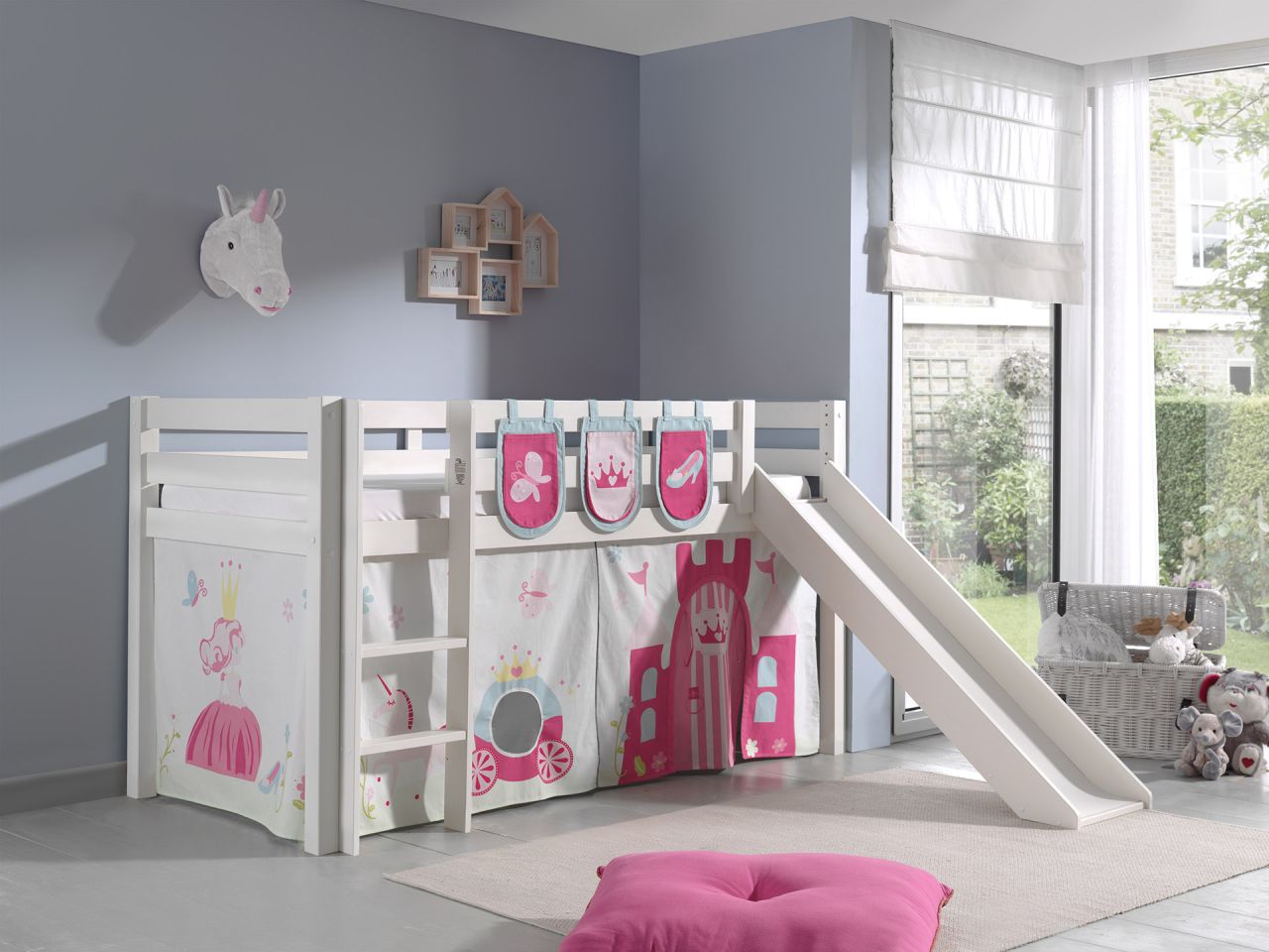 Spielbett Hochbett Kinderbett 90x200 Rutsche Vorhang Tasche Prinzessin Weiß Rosa