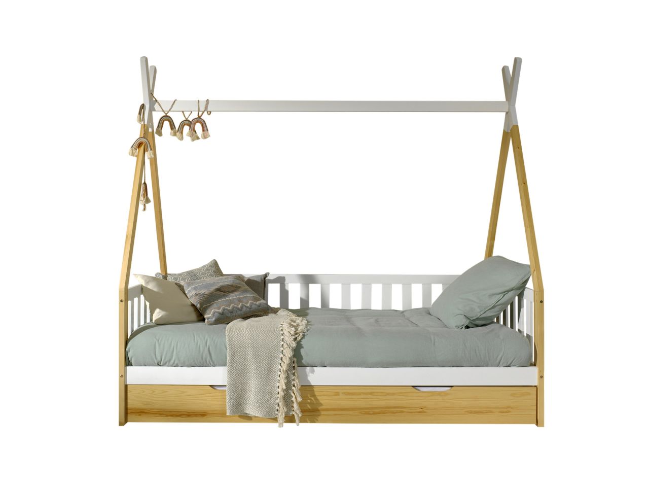 Tipi Kojenbett mit Textilzeltdach Lattenrost Bettschublade 90x200 Kinderbett