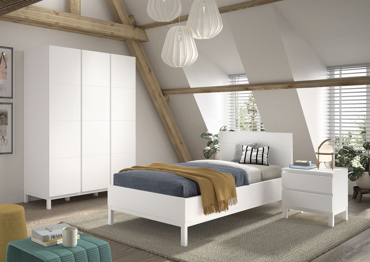Set Einzelbett 90x200 Nachtkommode Schrank 3T Jugendzimmer Kinderzimmer Weiß