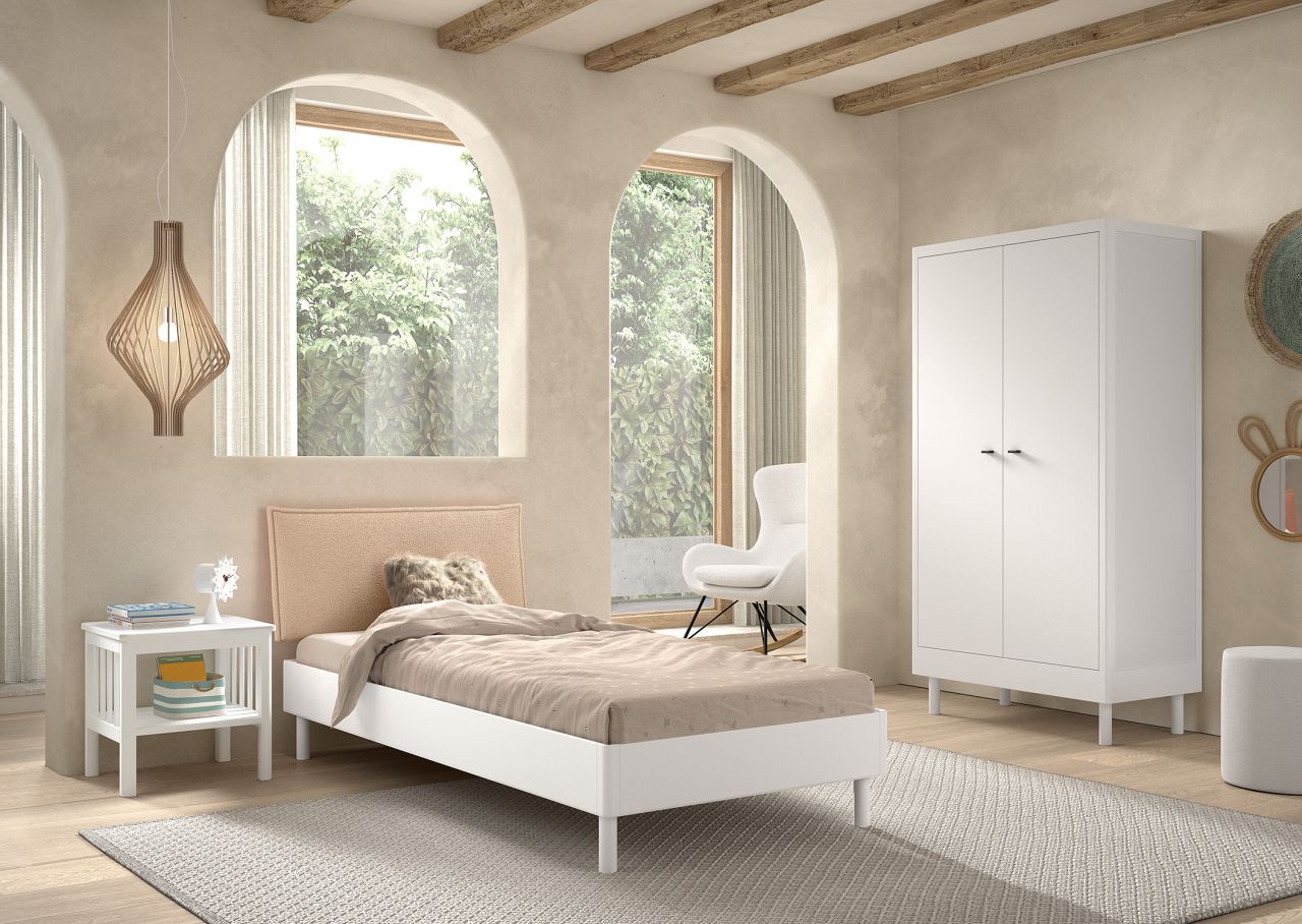 Set Einzelbett Schrank 2T Nachtkonsole Lattenrost Buche massiv Weiß lackiert