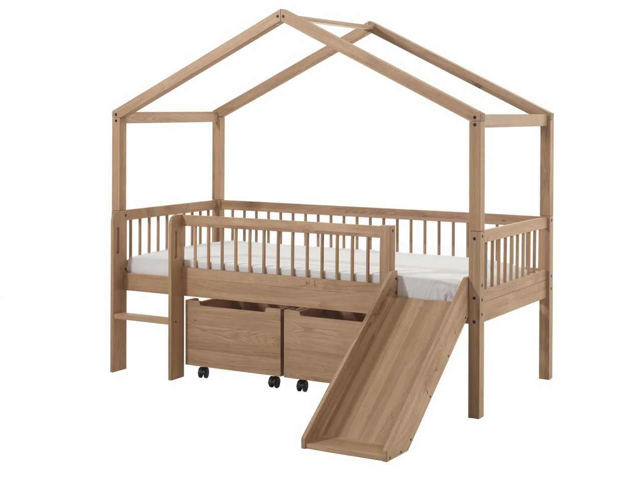 Halbhohes Hausbett Rollboxen Rutsche Lattenrost 90x200 Spielbett Eiche massiv
