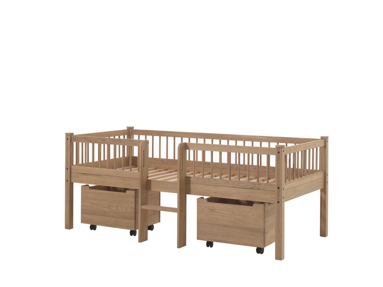 Junior-Spielbett Höhe 85 Leiter 2 Boxen Lattenrost 90x200 Eiche massiv geölt