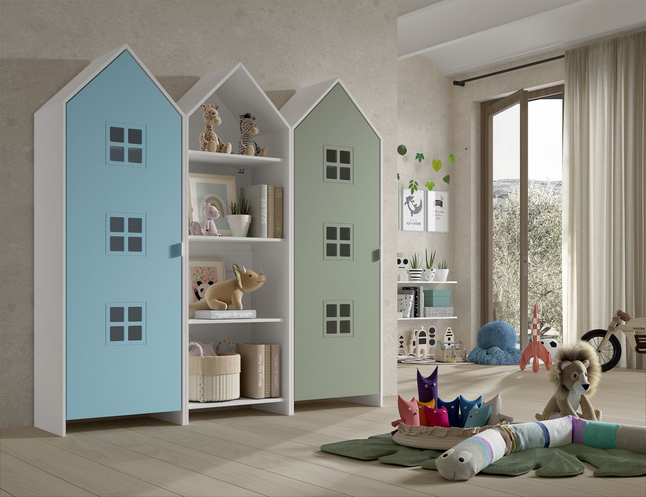 Set: 2 Schränke + Regal CASAMI BRUGES Jugendschrank Wäscheschrank Weiß Blau Grün