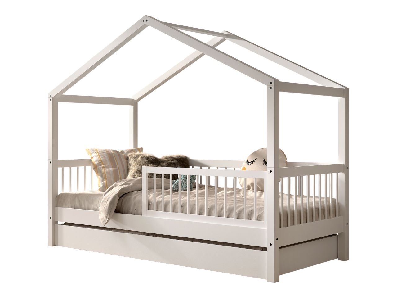 Hausbett Spielbett 90x200 Bettschublade Rausfallschutz Lattenrost Buche Weiß