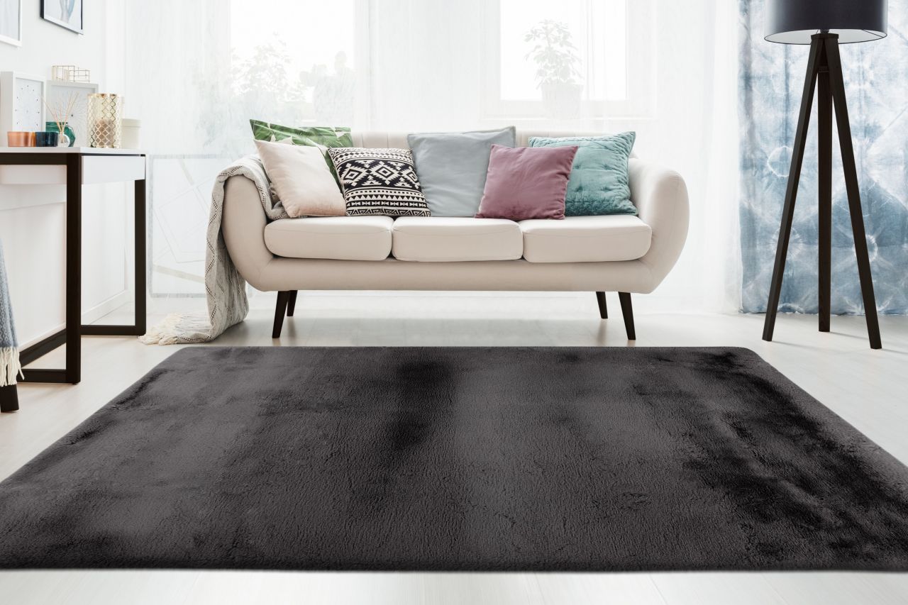 Teppich Höhe 48 mm Hochflorteppich rechteckig Graphit Wohnzimmer 4 Größen