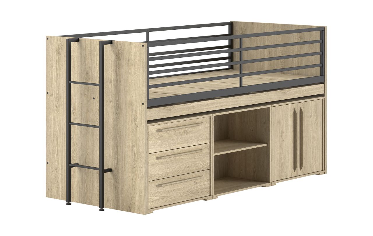 Funktionsbett 90x200 Schreibplatte Regal 2 Kommoden Halbhochbett Spielbett