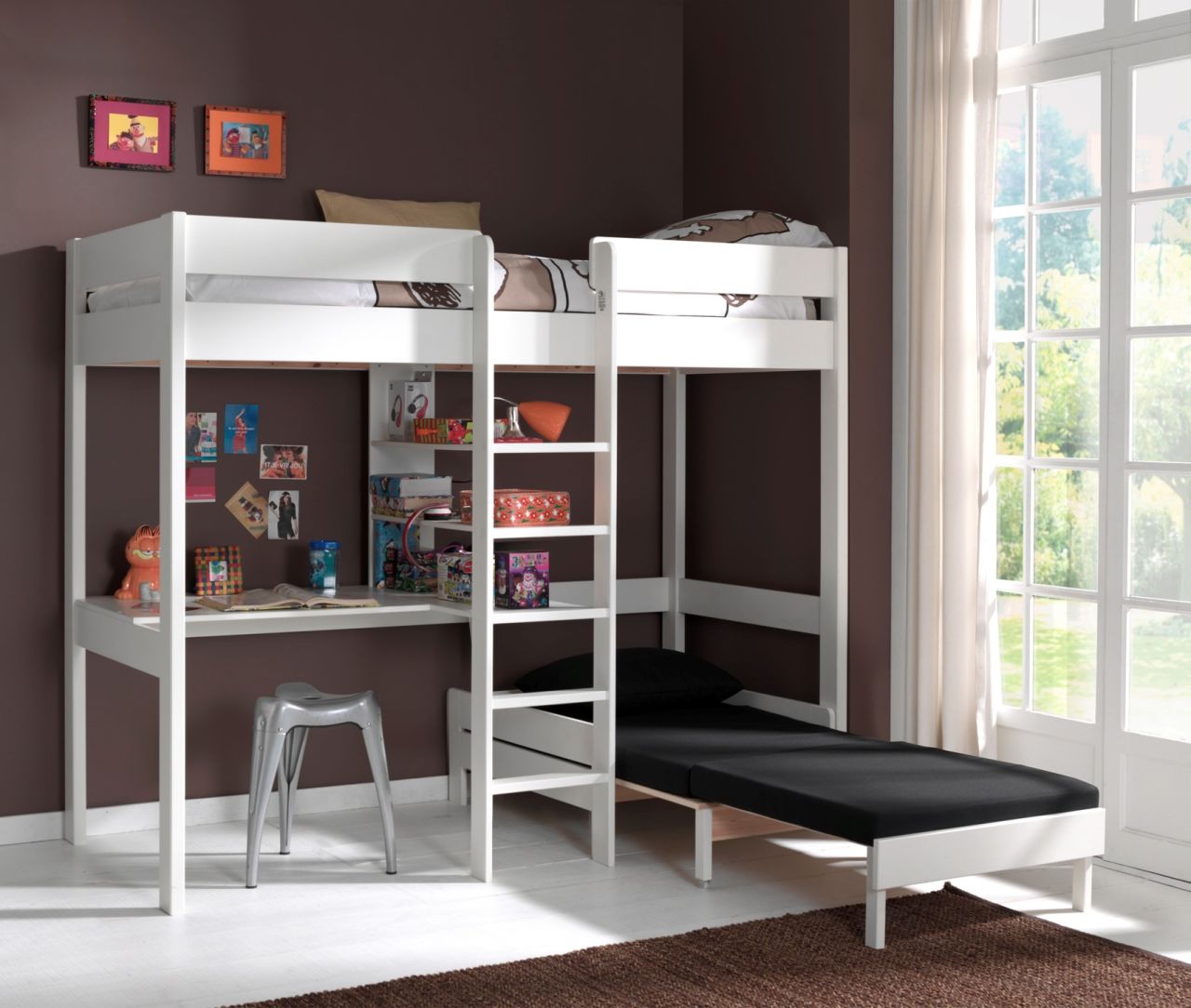 Hochbett 90x200 Schreibplatte Sesselbett Schreibtisch Spielbett Kinderbett Weiß