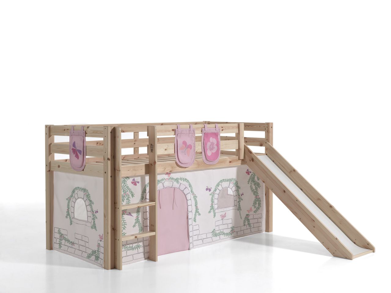 Vipack PINO Spielbett mit Rutsche 90x200 und Vorhang/Taschen Birdy Massiv Natur